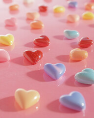 Fototapeta premium Colorful heart-shaped candies scattered on a pink reflective surface for Valentine's Day
