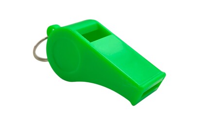 Photo of a green plastic whistle with cord, isolated on white background.