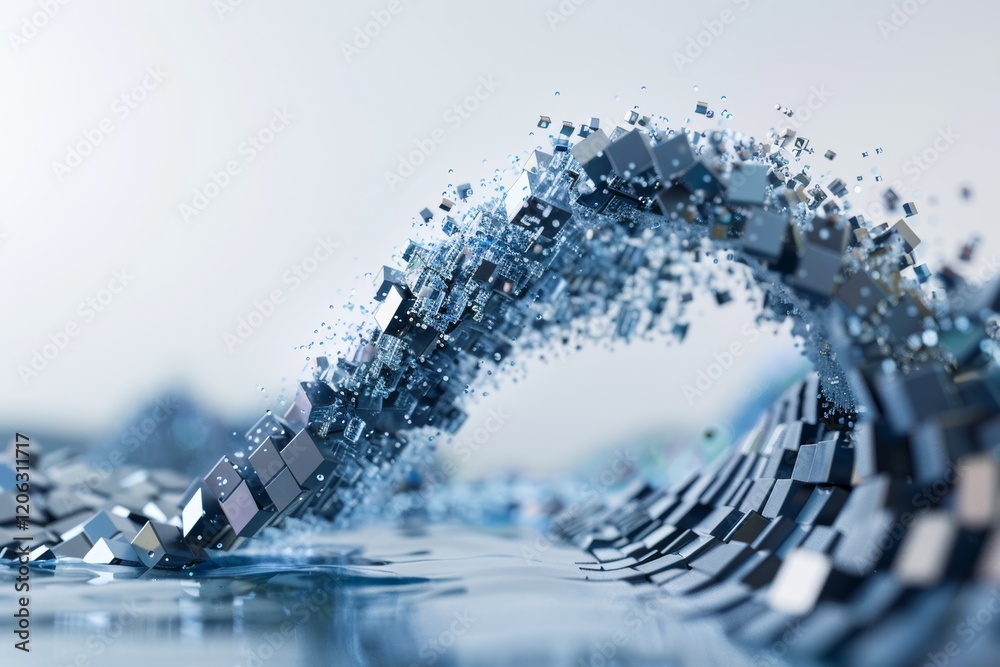 Poster a wave made of flowing blocks representing fluid blockchain transactions