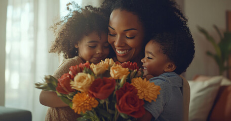 A happy black mother enjoys a special Mother&rsquo;s Day moment with her children, holding a beautiful bouquet of flowers as they hug in a serene home setting. Image reflects warmth, love, and family joy