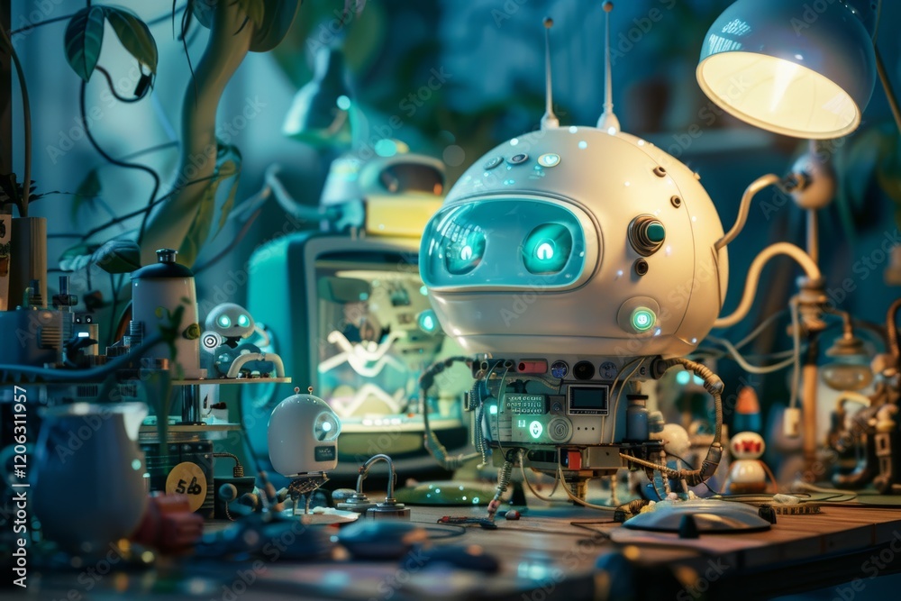 Poster colorful futuristic robots and gadgets in a dimly lit workshop, a whimsical version of internet of t