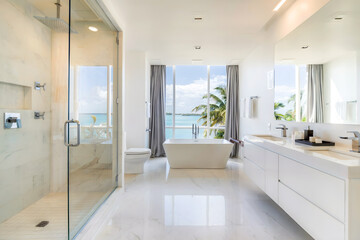 Modern white marble bathroom with two sinks, a white toilet, bathtub, big window with tropical Caribbean Sea view and palm trees