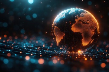 Obraz premium A detailed illuminated globe with highlighted continents against a dark digital background, showcasing global connectivity and data flow
