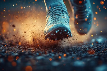 A dynamic close-up of a baseball player's cleats kicking up dirt as they run on the field, creating a burst of dust and energy