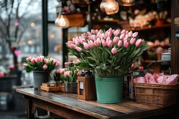 A flower shop showcases vibrant pink tulips in pots on a wooden table. The cozy atmosphere includes warm lighting and a rainy backdrop outside