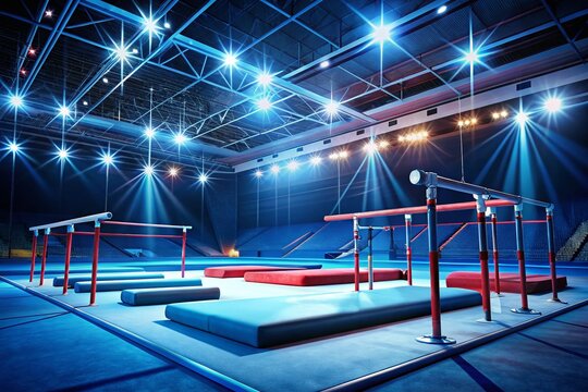 Night Gymnastics Arena: Parallel Bars, Rings, Balance Beams in Focus