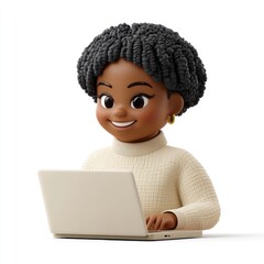 3D memoji of an African American woman typing on a laptop in a cozy sweater on a white background