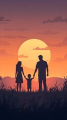 Silhouette of a family holding hands at sunset
