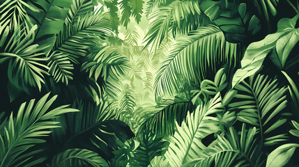 Dense emerald canopy, sunlight dappling forest floor, shadow, rainforest, southeast asian jungle. Emerald Jungle. Illustration