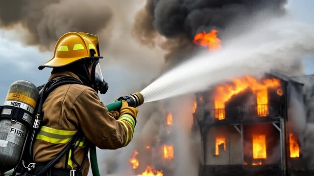 firefighter extinguishing fire. Experienced firefighter extinguishes burning wooden houses
