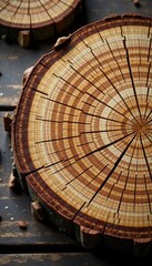 Naklejka premium Rustic wood slice, aged texture, cracked rings, surface, circular