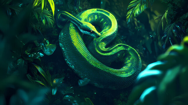Green tree python stretching elegantly jungle habitat animal photography lush environment close-up vibrant emerald scales. Emerald Jungle. Illustration