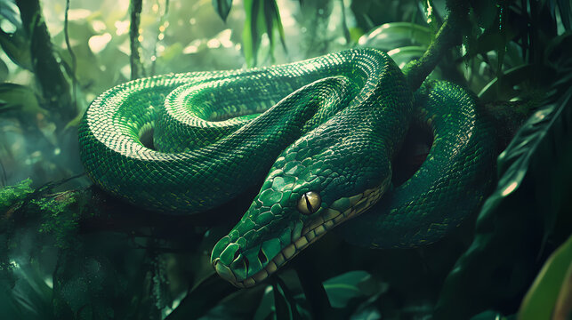 Green tree python stretching elegantly jungle habitat animal photography lush environment close-up vibrant emerald scales. Emerald Jungle. Illustration