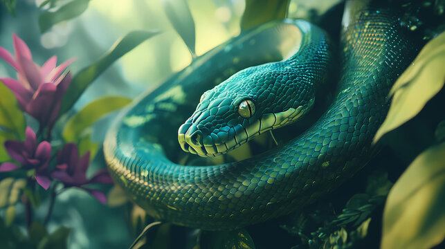Green tree python stretching elegantly jungle habitat animal photography lush environment close-up vibrant emerald scales. Emerald Jungle. Illustration