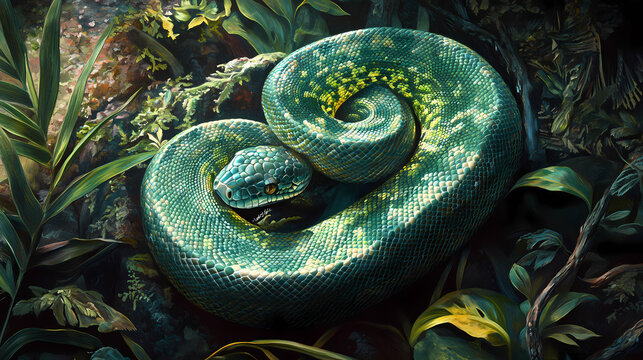 Green tree python stretching elegantly jungle habitat animal photography lush environment close-up vibrant emerald scales. Emerald Jungle. Illustration