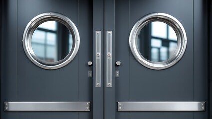 Industrial Restaurant Kitchen Double Door with Nautical Porthole Windows