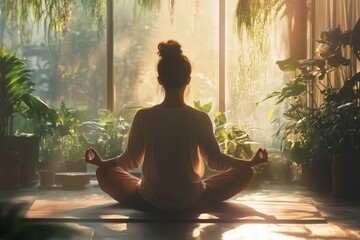 Woman Meditating Silhouetted by Sunlight Through Window