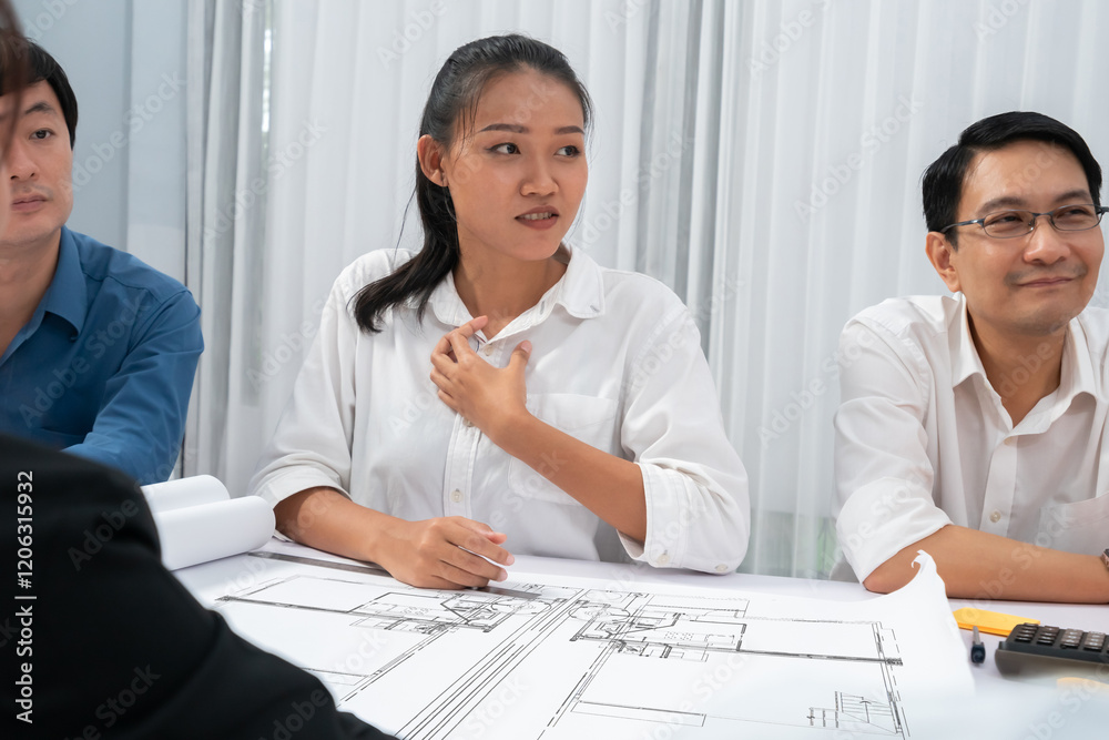 Aufkleber diverse group of civil engineer and client working together on architectural project, reviewing cons
