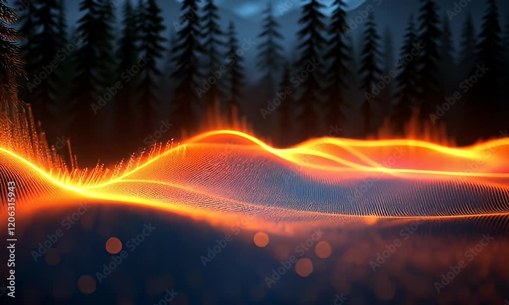 Wall mural abstract visualization of sound waves in a forest setting, with glowing orange lines against a dark 