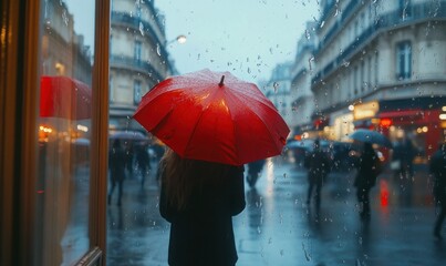 Rainy Day in Paris: A Red Umbrella's Solitude