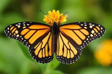 Fototapeta premium Beautiful orange and black monarch butterfly standing on a yellow flower with open wings, showing its vibrant colors and intricate patterns