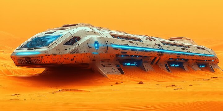 Futuristic Spaceship in Vast Orange Desert Landscape with Alien Technology Design and Sci-Fi Elements for Science Fiction Enthusiasts and Creative Inspiration