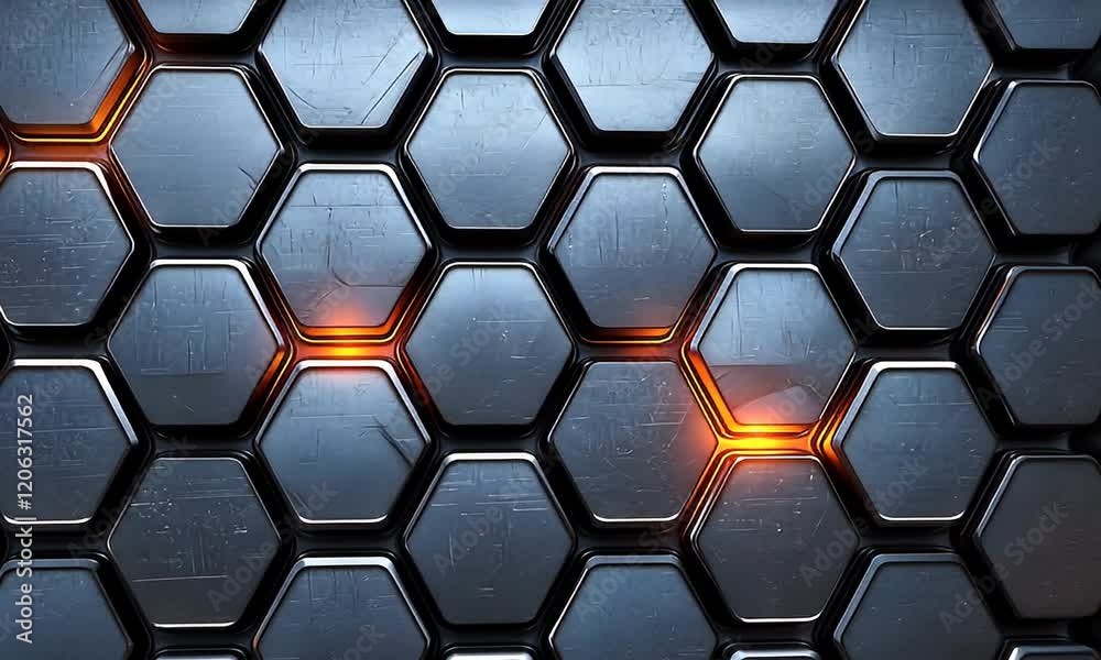 Wall mural close-up view of a modern metallic hexagonal pattern with glowing accents, creating a futuristic ind