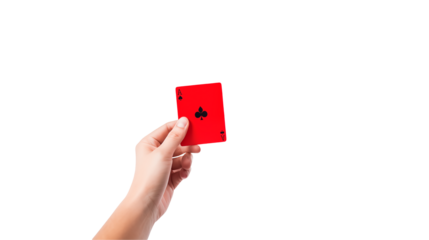 Close up of hand holding a single red playing card ace of clubs against a black background  Perfect for gambling poker casino game or luck concepts