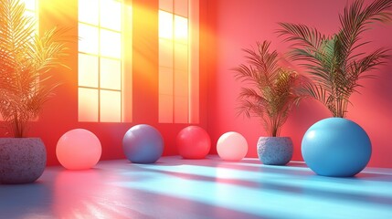 Sunlit yoga studio with vibrant decor and greenery