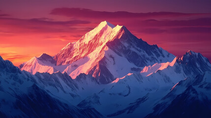 Fototapeta premium Majestic mountain range beneath a crimson sunset with snow-capped peaks. Crimson Mountain. Illustration