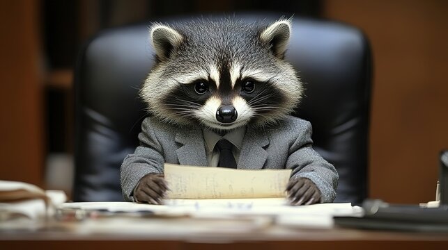Raccoon Executive Reviews Important Documents In Office