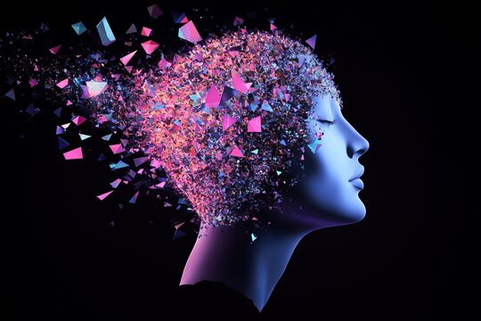 surreal image of a human head in profile, with vibrant, colorful geometric shapes exploding outward