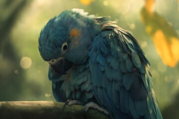 Fototapeta premium Close up of a Lear's Macaw perched on a branch, its vibrant blue plumage and distinctive head tilt creating a captivating portrait