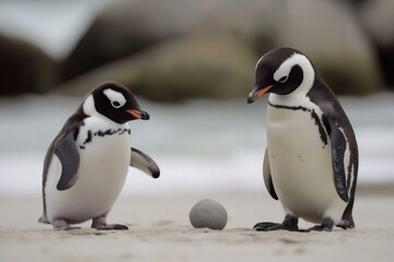Obraz premium Penguin chick offers a pebble to another penguin, showcasing a tender moment of courtship or bonding in their natural habitat