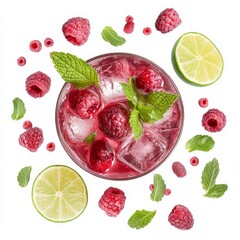 A fruity and vibrant Raspberry Mojito cocktail with muddled raspberries, mint leaves, lime wedges