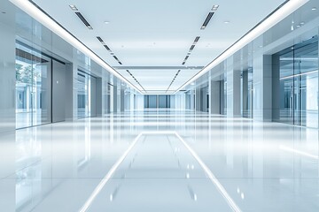Fototapeta premium Modern Office Corridor Clean Minimalist Interior Design Architecture Spacious Bright Hallway Luxury Building Glass Walls Light Blue Elegant Corporate Business 