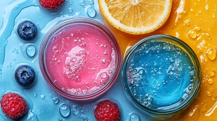 Colorful smoothie bowls with fresh fruit on a vibrant table