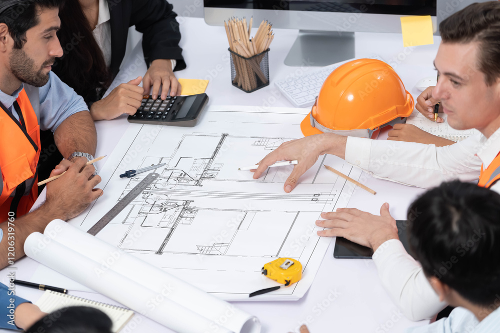 Aufkleber diverse group of civil engineer and client working together on architectural project, reviewing cons