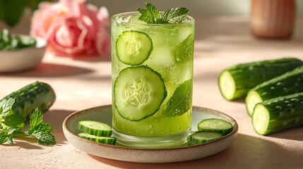 Glass of cool cucumber aloe juice with fresh cucumber slices and a hint of mint placed on a soft pastel background for a refreshing look