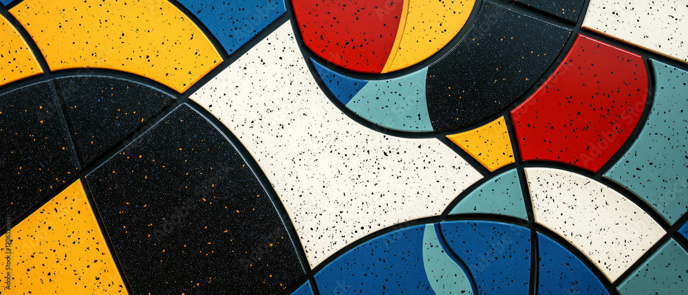 Poster bold colors and abstract shapes create dynamic formica patterns in modern design