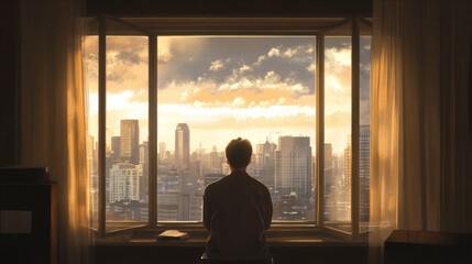 a man looking out a window at a city