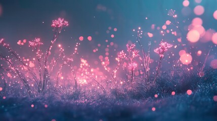 Glowing pink flowers in a field at night with bokeh effect.