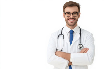 Fototapeta premium Smiling doctor in white coat with stethoscope at the clinic ready for consultation