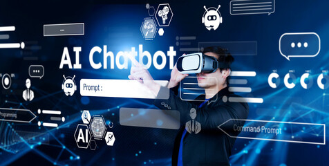Fototapeta premium Smart businessman wearing suit and VR goggle while using AI assistance planning plan. Project manager generating data by using augmented reality glasses while pointing at glowing hologram. Ingenuity.