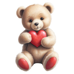 Naklejka premium Adorable beige teddy bear holding a bright red heart, symbolizing love, care, and affection. Ideal for Valentine's Day, romantic gifts, or children's decor