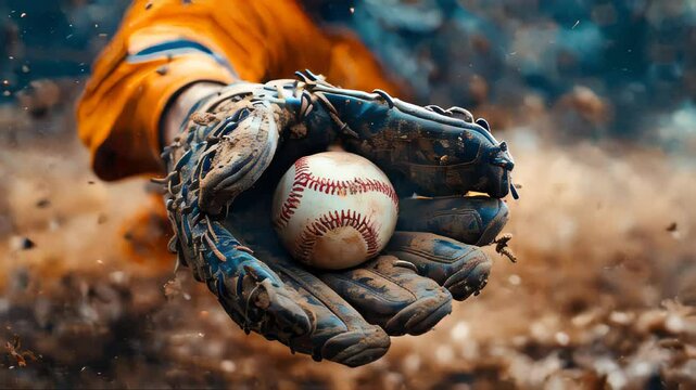Close-up of a baseball player's gloved hand catching a dusty baseball, showcasing action and precision in the sport