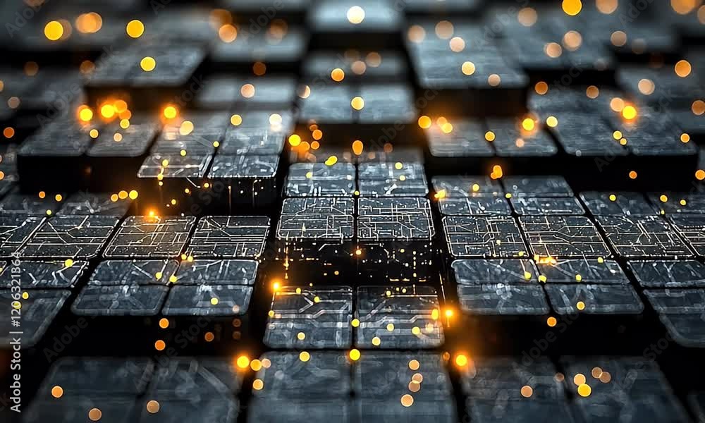 Wall mural abstract close-up of textured black cubes with glowing orange particles, creating a futuristic digit