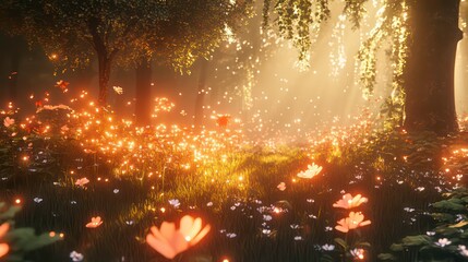 Magical enchanted forest at dawn, glowing flowers and fireflies.
