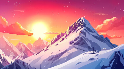 A breathtaking view of a snow-covered mountain peak with crimson sky and clouds at sunset. Crimson Mountain. Illustration