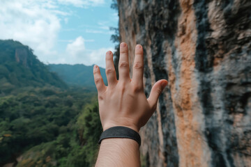 Reaching out towards nature: hand extended at cliff edge in lush landscape